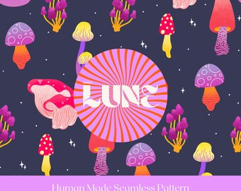 Mushroom Seamless Pattern – Colourful Whimsical Repeat on Navy Background (Digital Download)
