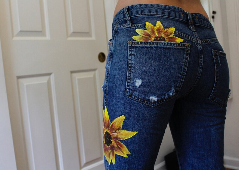 Hand Painted Sunflower Jeans Etsy