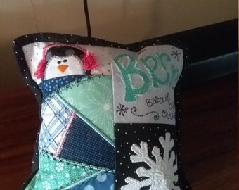 Brrr baby it's cold outside.  January snowman pillow cover. Embroidery and stitched snow flake