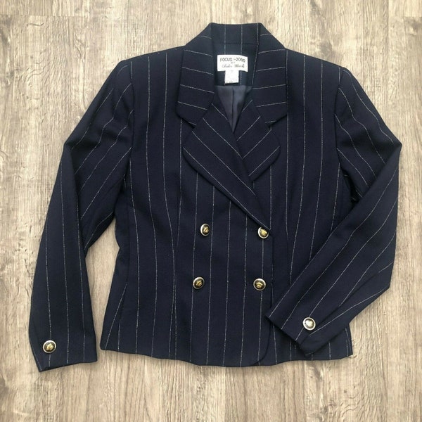 Vintage Focus 2000 By Charles Glueck Navy Blue Wool Business Jacket Blazer Size 4