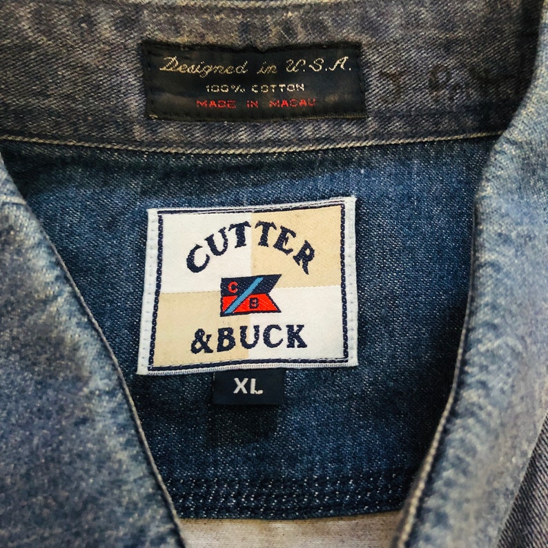 Vintage Cutter /& Buck Orange Striped Denim Chambray Collared Buttondown Casual Shirt Size XL