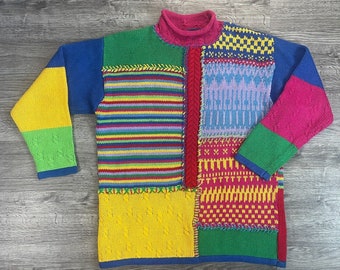 Vintage 90s LizWear Multi-Colored Textured Pattern Colorblock Patchwork Oversized Chunky Knit Rolled MockNeck Pullover Sweater Size Small