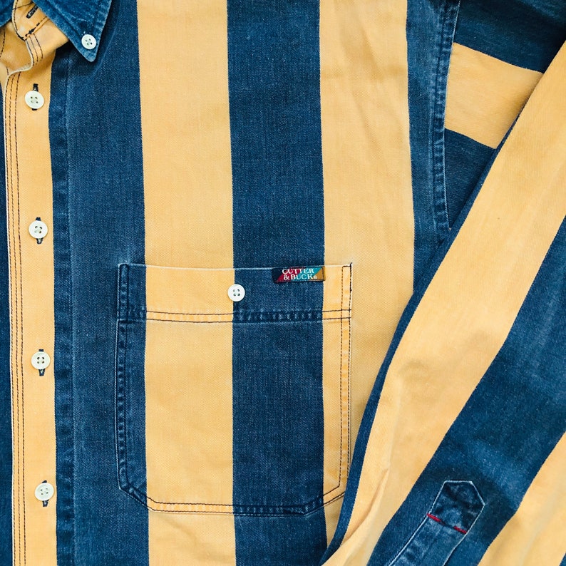 Vintage Cutter /& Buck Orange Striped Denim Chambray Collared Buttondown Casual Shirt Size XL