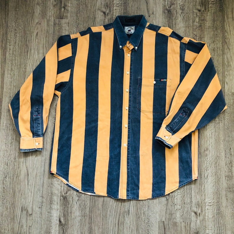 Vintage Cutter /& Buck Orange Striped Denim Chambray Collared Buttondown Casual Shirt Size XL