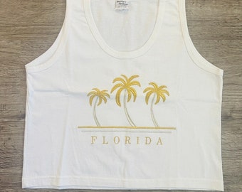 Vintage 90s Y2K White Embroidered Gold Silver Florida Palm Trees Summer Cropped Tank Top Size Medium