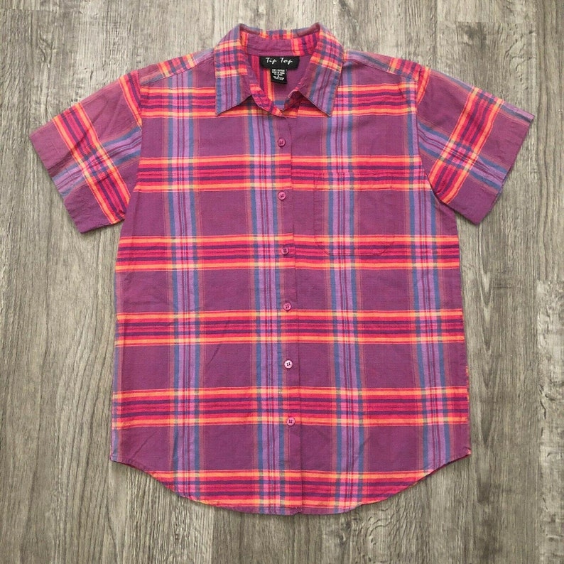 Vintage 90s Tip Top Purple Pink Yellow Plaid Short Sleeve | Etsy