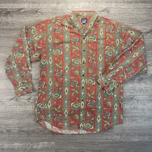 Vintage 90s Retro GAP Red, Dusty Blue, Green, & Tan Beige Boho Floral Leaf Print Long Sleeve Collared Buttondown Casual Shirt Size Large