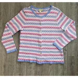 Vintage 90s Appleseed&#39;s Preppy Pastel Pink Purple Knit Cardigan Sweater Size Medium