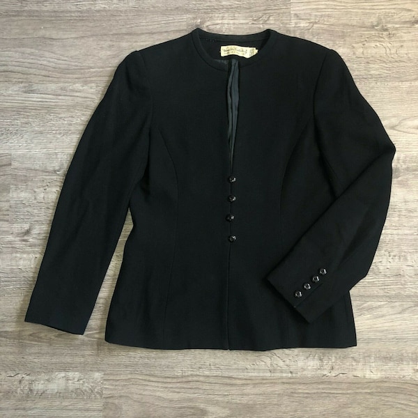 Vintage 80s Diane von Furstenberg DVF Black Wool Blazer Suit Jacket with Shoulder Pads Size 8