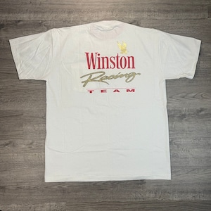 Vintage 1992 DEADSTOCK Single Stitch Winston Racing Team Gold Foil White Pocket T-Shirt Size XL & Trading Card