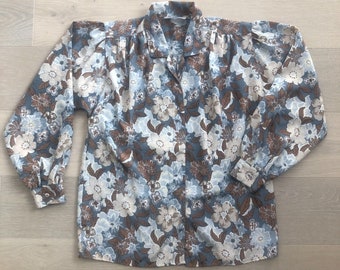 Vintage Retro Alfred Dunner Dusty Blue Brown Beige Floral Polka Dot Long Sleeve Collared Buttondown Casual Blouse Top Size 10