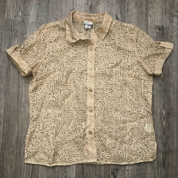 Vintage 90s Jaclyn Smith Beige Semi Sheer Geometric Short Sleeve Casual Blouse Top Size XL