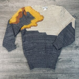 VTG Retro 80s Ms Kipps Tan Beige Charcoal Gray Rust & Gold Mustard Yellow Abstract New Wave Key Hole Back Pullover Sweater w/ Shoulder Pads