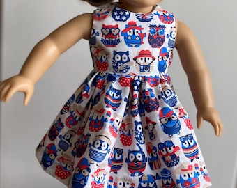 18-Inch Doll Patriotic Owl Dress, July 4th Celebration Outfit