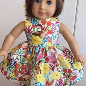 Spring bunnies with bright yellow, pink and blue flowers easy-on American Girl doll dress,