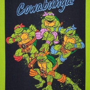 May include: A black background with green, blue, and pink Teenage Mutant Ninja Turtles characters. The text "Cowabunga!" is written in blue on the top of the image.