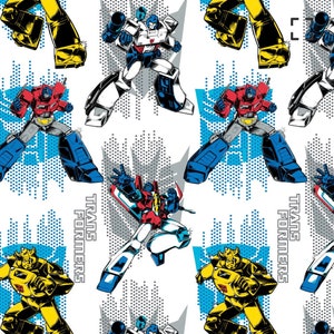 Transformers Logos - White Fabric - 1/2 Meter - Cotton Fabric
