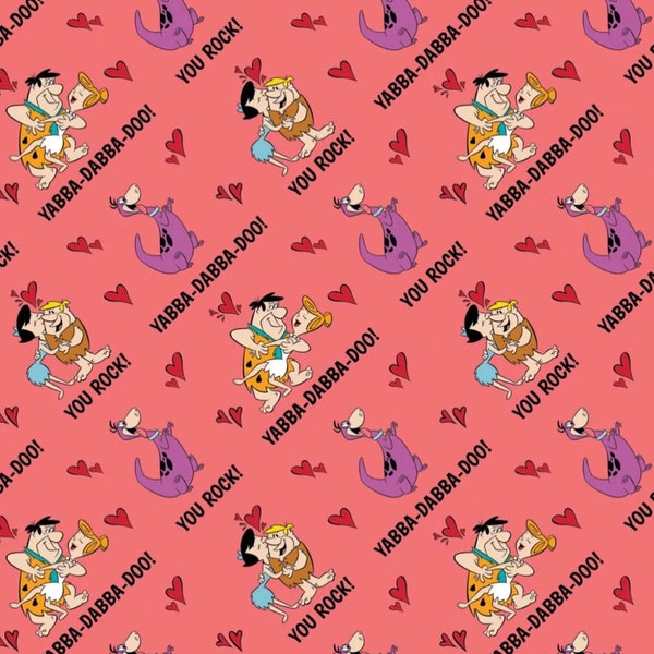 Character Valentine's Day Fabric - The Flintstones - Light Red Fabric - 1/2 Meter - Cotton Fabric