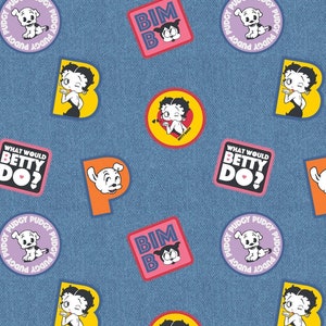 May include: A blue denim fabric background with various colorful cartoon character stickers. The stickers feature Betty Boop, a dog, and the words "What Would Betty Do?" and "Bim B".