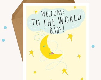 New Baby Card Baby Boy Baby Girl Card New Parent Card New Mom New Dad Card Personalized Birth Congratulations Card Moon and Stars Baby Card