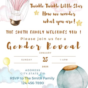 EDITABLE Twinkle Twinkle Little Star Baby Shower Gender Reveal Invitation Template, Moon and Stars  Instant Download