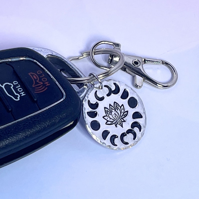 Moon Phase and Lotus Keychain- Hand Stamped Aluminum Keychain or Bag ...
