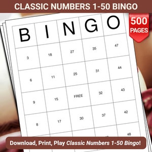 Cartones de bingo de números clásicos del 1 al 50: 500 páginas para descargar e imprimir