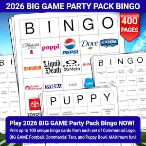Puede incluir: Un conjunto de tarjetas de bingo con el título "2026 BIG GAME PARTY PACK BINGO". Las tarjetas presentan logotipos de marcas y la palabra "BINGO". Una etiqueta roja indica "400 PAGES". El texto inferior dice "Play 2026 BIG GAME Party Pack Bingo NOW!"