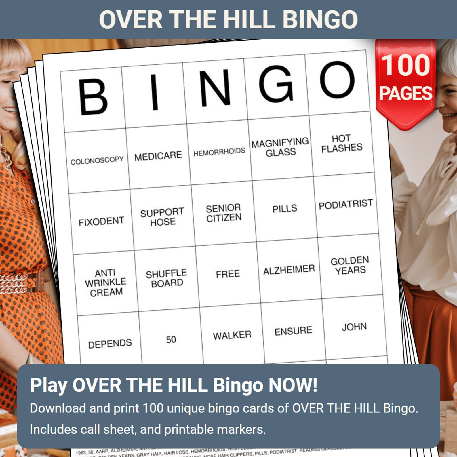 OVER THE HILL Bingo Cards - 100 Pages to Download and Print - Etsy