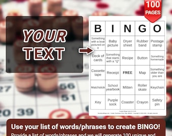 Cartelle del bingo personalizzate con le tue parole - 100 pagine uniche generate al momento del pagamento