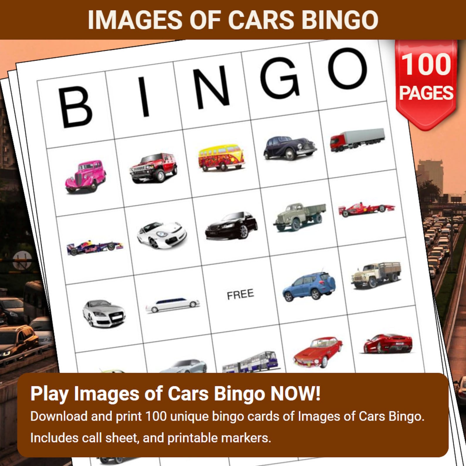 Images of Cars Bingo Cards - 100 Pages to Download and Print - Etsy