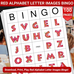 Red Alphabet Letter Images Bingo Cards - 100 Pages to Download and Print