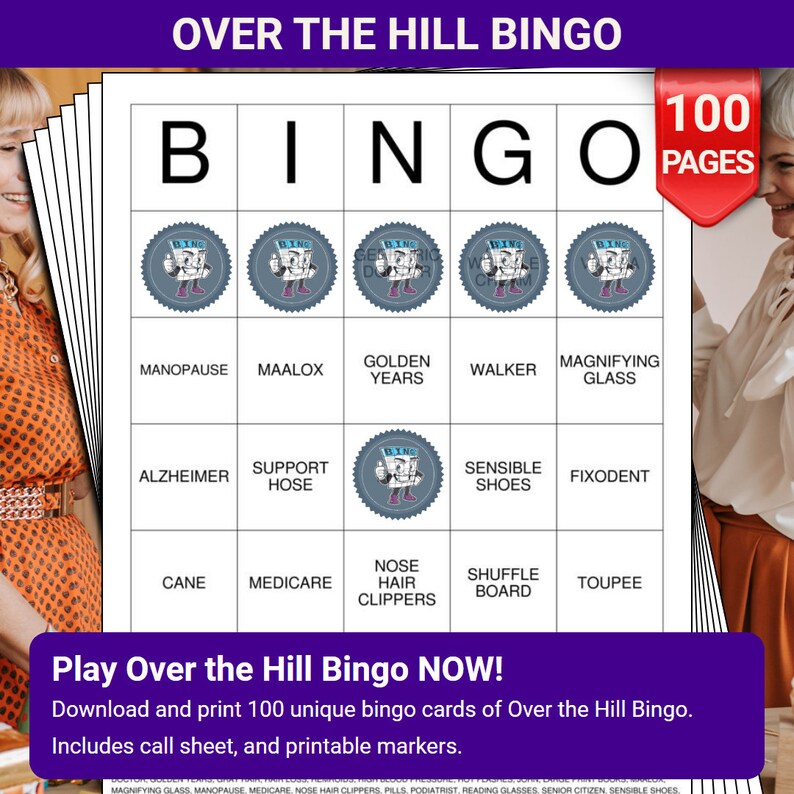 Over the Hill Bingo Cards - 100 Pages - Download and Print Bingo ...