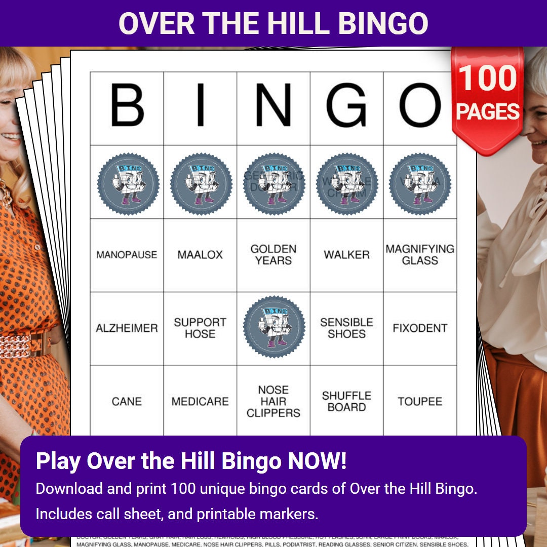 Over the Hill Bingo Cards - 100 Pages - Download and Print Bingo ...