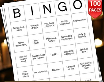 May include: A black and white bingo card with the word "Pentecost Bingo" at the top. The card has 25 squares with different phrases related to the Christian holiday of Pentecost. The card also has the words "Download, Print, Play Pentecost Bingo!" at the bottom.