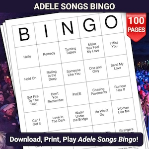 Puede incluir: Un cartón de bingo en blanco y negro con el título "Adele Songs Bingo" y una pancarta roja con el texto "100 Páginas". El cartón de bingo presenta una cuadrícula de 25 casillas con los nombres de las canciones de Adele en cada casilla. Las casillas están bordeadas de negro.