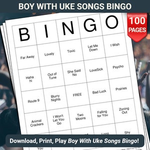 ウクレレを弾く少年の歌のビンゴカード - ダウンロードして印刷できる 100 ページ