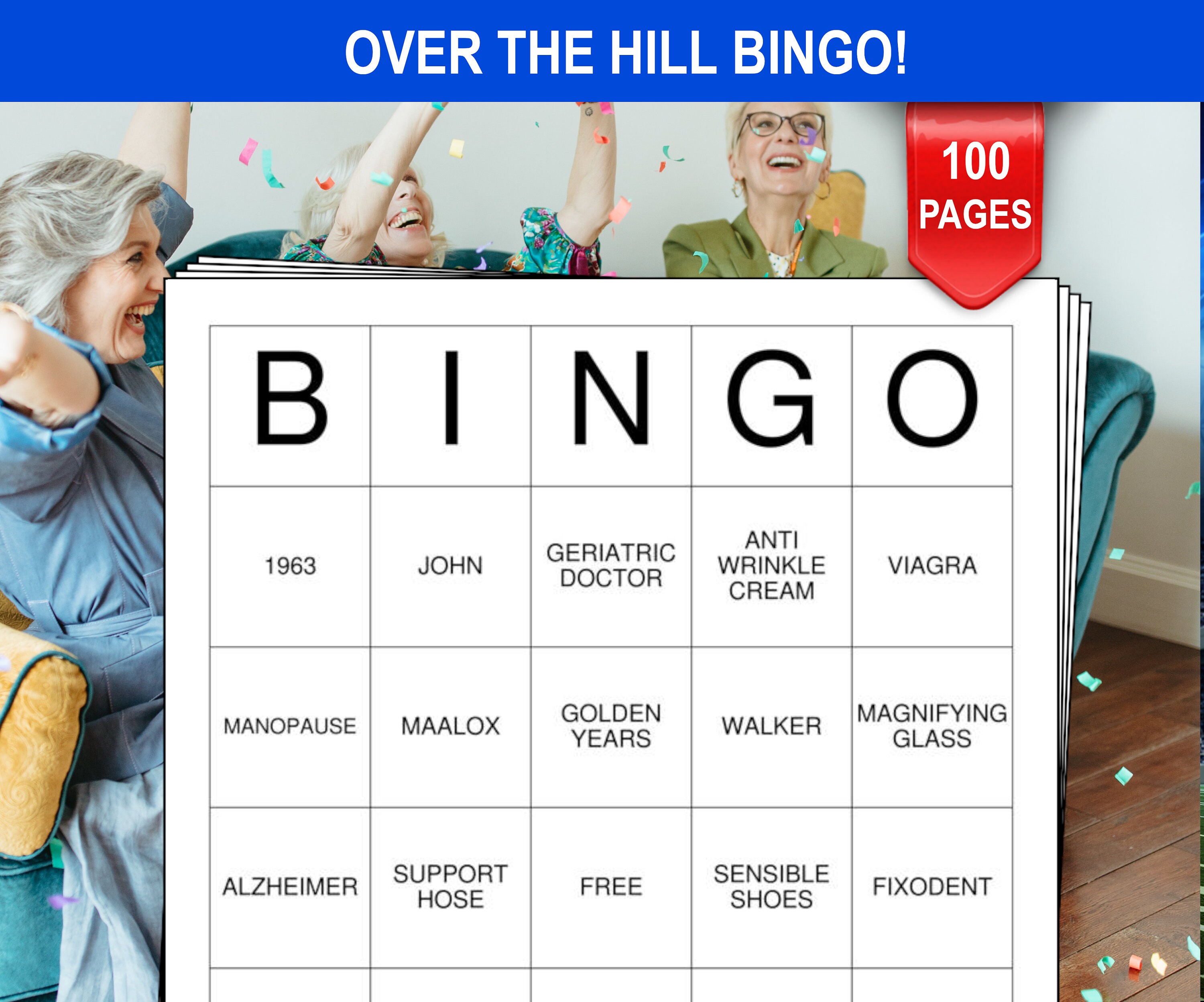 Over the Hill Bingo Cards - 100 Pages - Download and Print Bingo ...