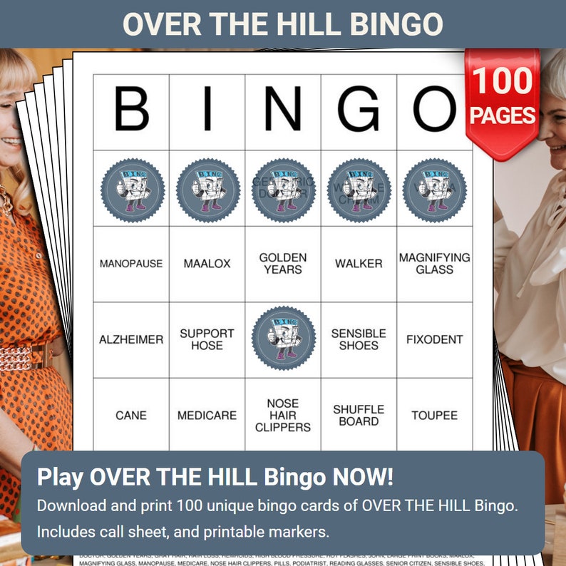 OVER THE HILL Bingo Cards 100 Pages to Download and Print - Etsy