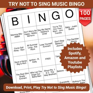 以下が含まれることがあります： 大きな黒い文字で「BINGO」という単語が書かれた白いビンゴカード。カードには曲名とアーティスト名が記載されており、「100 PAGES」と書かれた赤いバナーが付いています。Spotify、Amazon、YouTubeのプレイリストが含まれています。「Try Not to Sing Music Bingo」というテキストが上部にあります。