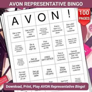 May include: A bingo card with the word "AVON!" in large letters at the top. The card is divided into a 5x5 grid with various tasks related to selling AVON products. The tasks include getting new customers, posting on social media, and hosting events.