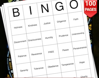May include: A printable bingo card with the title "Religious Virtues Bingo". The card has a 5x5 grid with the words "BINGO" at the top. The squares contain words like "Holiness", "Kindness", "Justice", "Diligence", "Faith", "Discernment", "Graciousness", "Humility", "Prudence", "Understanding", "Reverence", "Patience", "FREE", "Peace", "Perseverance", "Serenity", "Tolerance", "Obedience", "Temperance", "Hope", and "Charity".