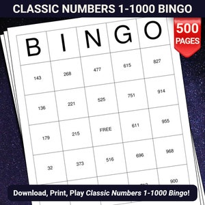 Classic Numbers 1-1000 Bingo Cards - 500 Pages to Download and Print