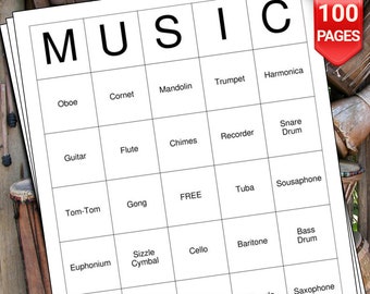 May include: A black and white printable bingo card with the word "MUSIC" in large letters at the top. The card features a grid of 25 squares, each containing the name of a musical instrument. The card is designed for a game of musical instrument bingo.