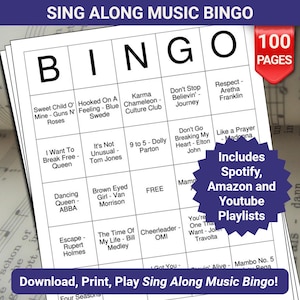 Op de afbeelding: Een stapel Sing Along Music Bingo-vellen. De bingokaarten bevatten songtitels als "Sweet Child O' Mine" en "Dancing Queen". De afbeelding bevat tekst met de tekst "Includes Spotify, Amazon and Youtube Playlists."