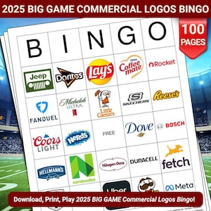 Cartões de bingo com logotipos comerciais BIG GAME 2025 - 100 páginas para baixar e imprimir