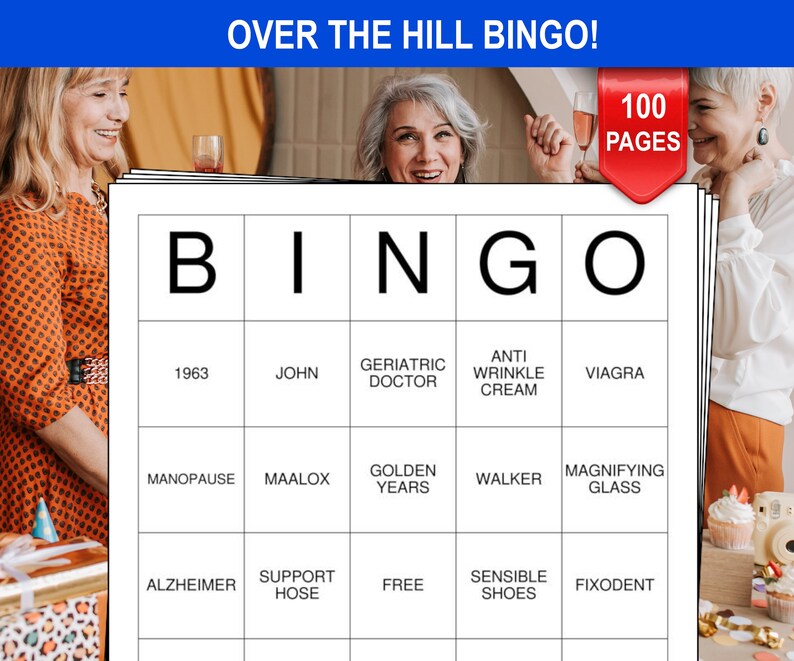 Over the Hill Bingo Cards - 100 Pages - Download and Print Bingo ...