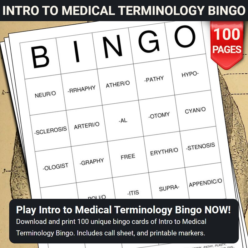Intro to Medical Terminology Bingo Cards - 100 Pages to Download and ...