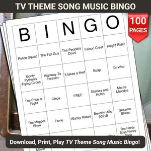 Puede incluir: Una pila de tarjetas de bingo blancas con el tema de canciones de series de televisión. Las tarjetas tienen un diseño de cuadrícula con varios títulos de programas de televisión. Una pancarta roja en la esquina superior derecha dice "100 PAGES". El texto "Download, Print, Play TV Theme Song Music Bingo!" está en la parte inferior.