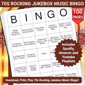 Cartões de bingo com música rock dos anos 70 para jukebox - 100 páginas para baixar e imprimir